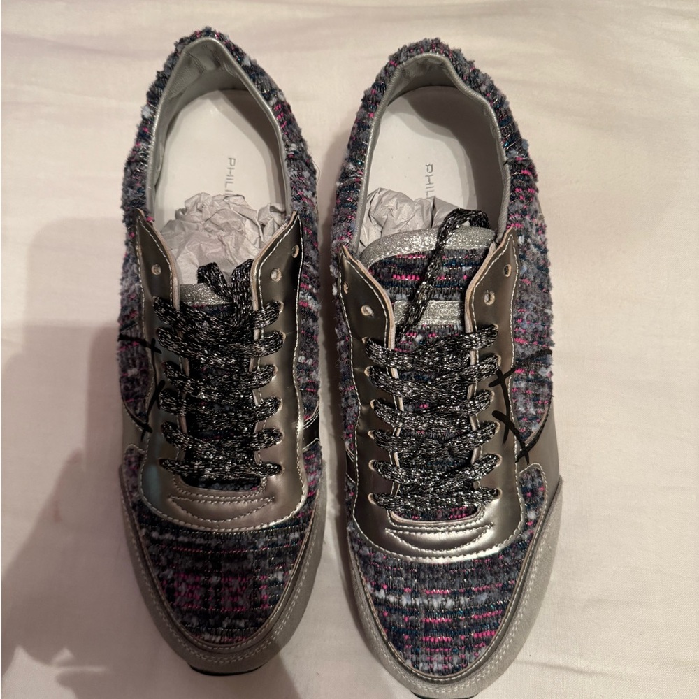 Philippe Model Silver and Pink Tweed Sneakers